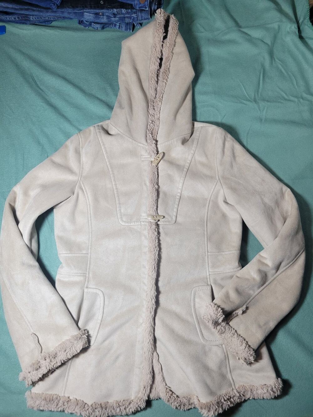 Jones Of New York Woman Size M Faux Suede Faux Fur Hip Length Jacket Hooded Soft